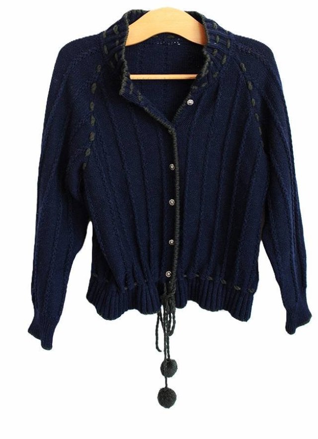 Kardigan vintage piękne guziki pompony sweter zapinany granatowy