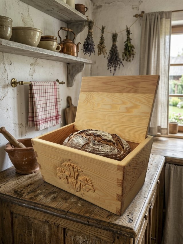 Ręcznie Rzeźbiony Chlebak Drewniany chlebownik | Unikatowe Rzemiosło | Styl Rustykalny Hand-Carved Wooden Bread Box Breadbox | Unique Craftsmanship |
