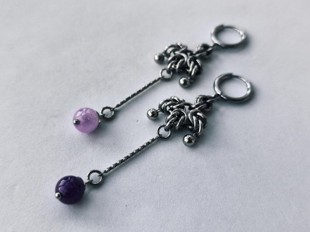 Kolczyki chainmaille z chalcedonem ze stali chirurgicznej 8,1 cm gothic dark fairycore