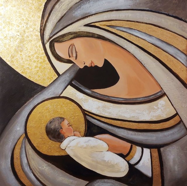 Ręcznie malowany obraz "Złota Madonna z Dzieciątkiem" – 100x100 cm