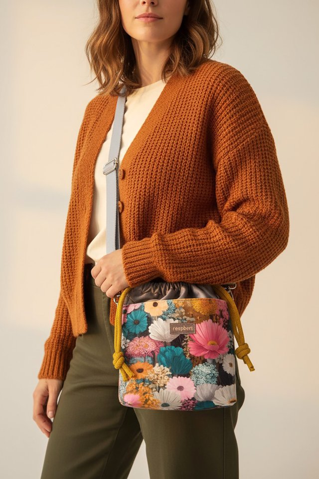 Szara listonoszka z kominem z weluru w malowane kwiaty – handmade, unikat