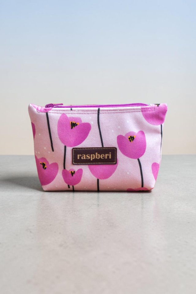 Etui na klucze z różowego weluru w tulipany – handmade