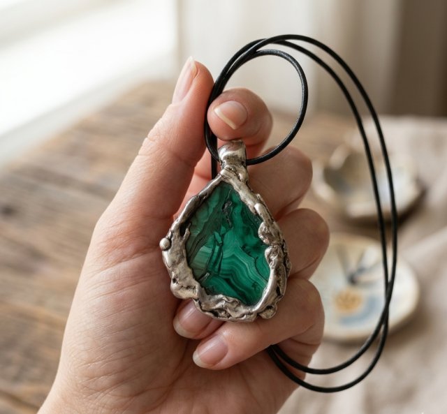Amulet matki wszerzeczy - brutalistyczny wisior z malachitem