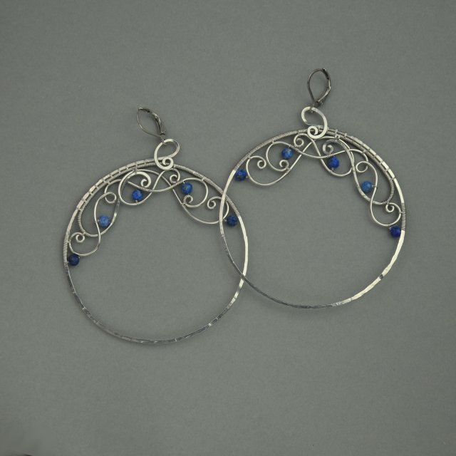 Kolczyki koła lapis lazuli, kółka, wire wrapping, stal chirurgiczna