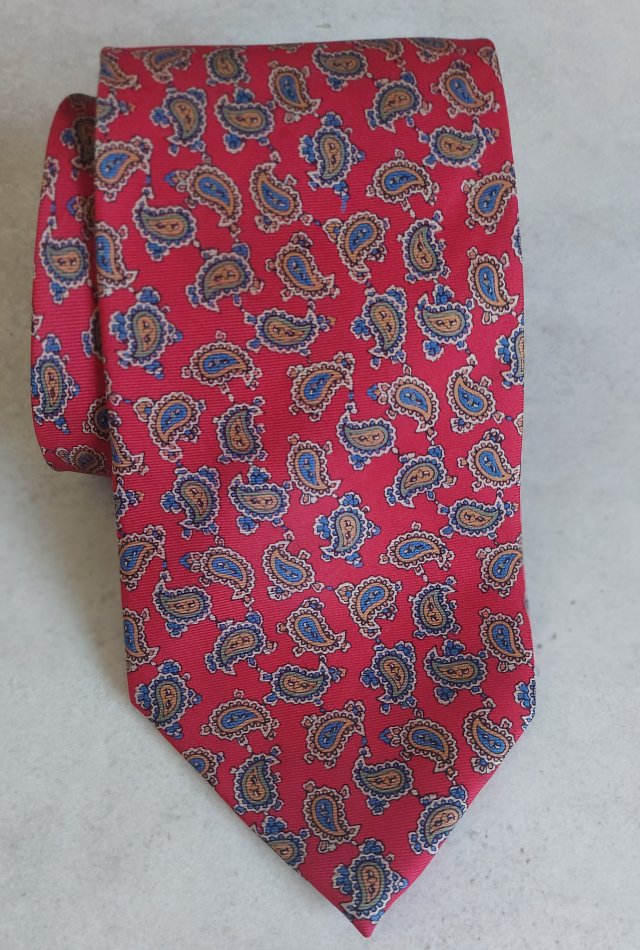 Vintage 90s krawat jedwabny czerwony paisley ręcznie wykonany handmade silk oldmoney classic
