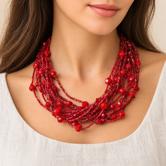 Czerwony wielorzędowy naszyjnik z koralików i kamieni - regulowany