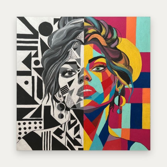 Dwa Światy – obraz ręcznie malowany 40×40 cm, pop-art, akryl na MDF