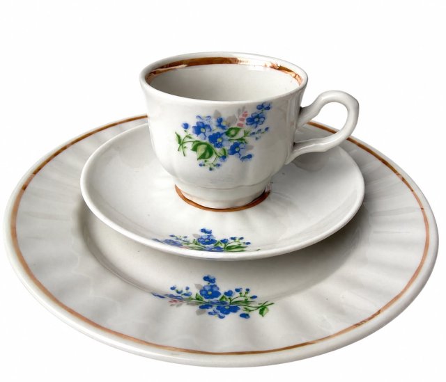 Zestaw śniadaniowy Trio niezapominajki Dobrusz lata 70 filiżanka Vintage PRL retro (4/6)