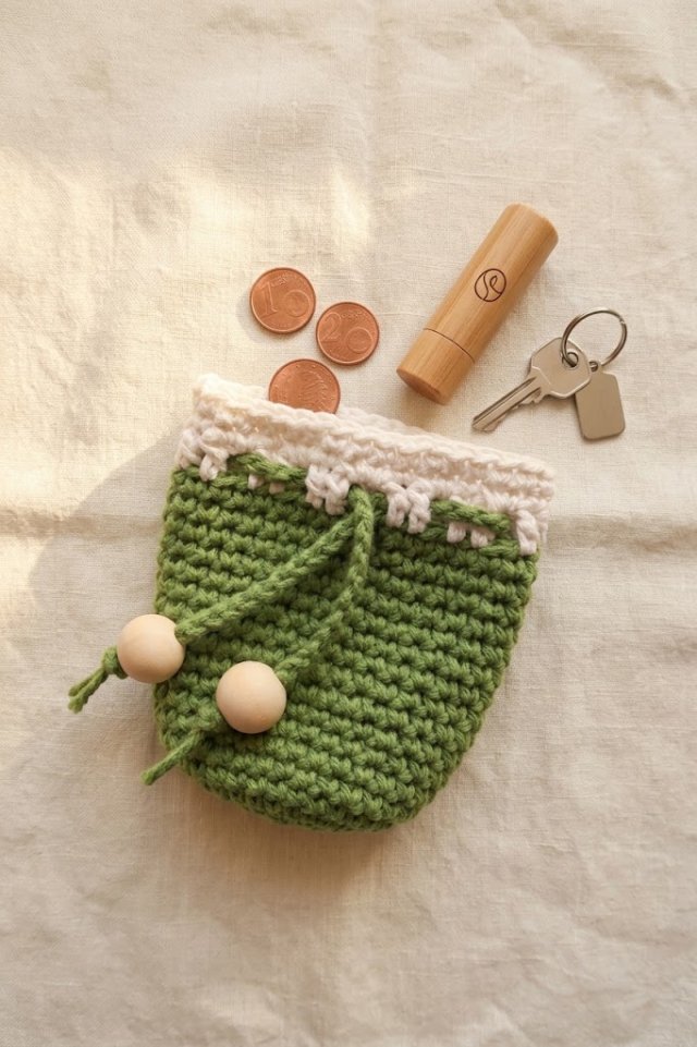 Ręcznie dziana sakiewka ściągana sznurkiem – zielona ze śmietankowym wykończeniem | Mama Crochet Atelier