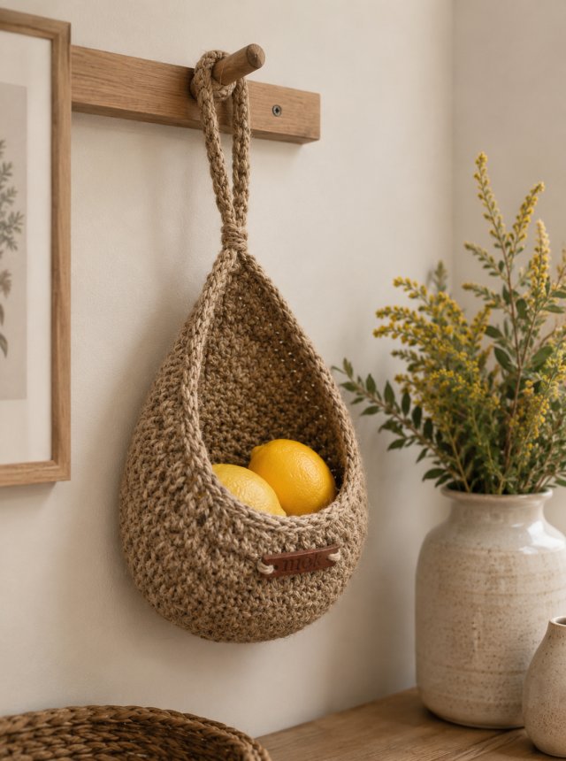 Wiszący koszyk jutowy w kształcie kropli 22 × 18 cm