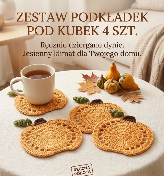 Zestaw 4 szydełkowych podkładek pod kubek w kształcie dyni