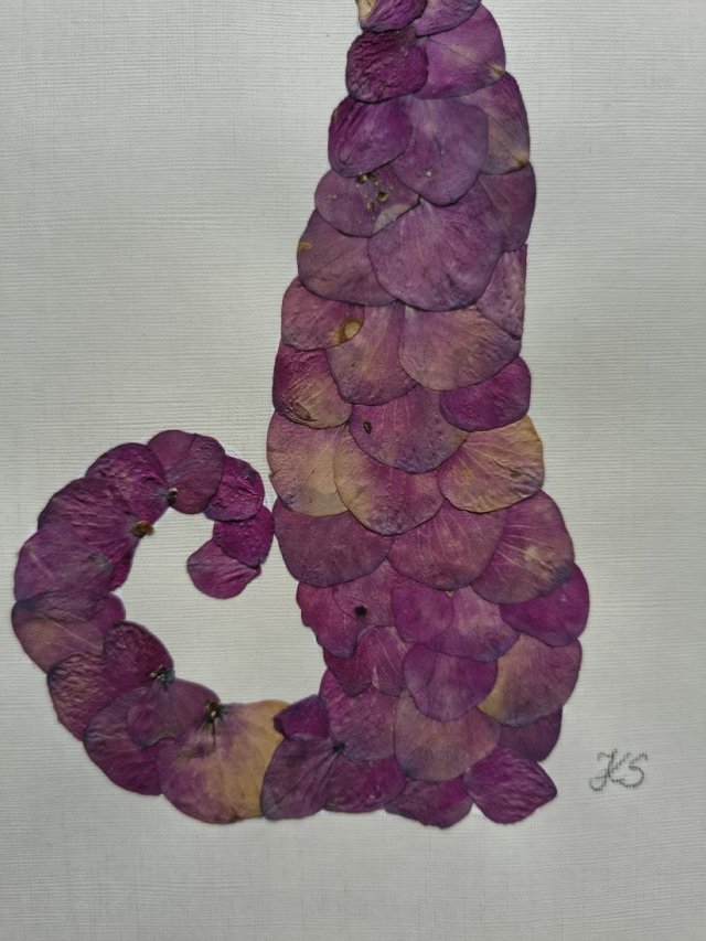 Fioletowy kot – obraz z suszonych hortensji 21 × 30 cm