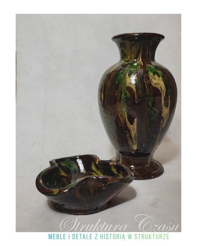 Zestaw ceramiczny wazon + popielniczka | Łysa Góra | Ceramika PRL lata 60./70. | Vintage