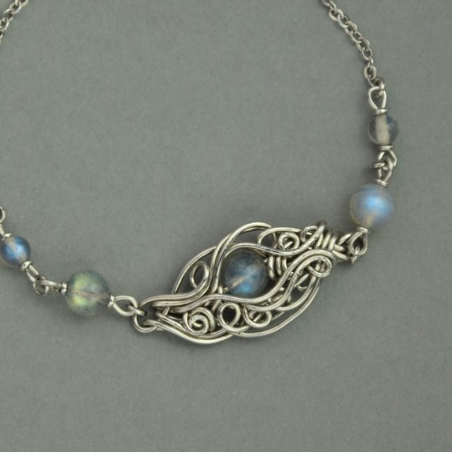 Bransoletka regulowana labradoryty wire wrapping, stal chirurgiczna,