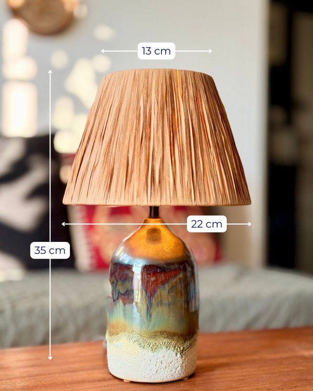 Ceramiczna fakturalna lampa z abażurem z rafii, zieleń, srebro i pumeks, handmade