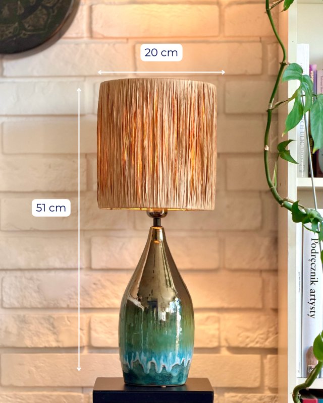 Ceramiczna duża lampa z abażurem z rafii, zieleń, brąz i beż handmade