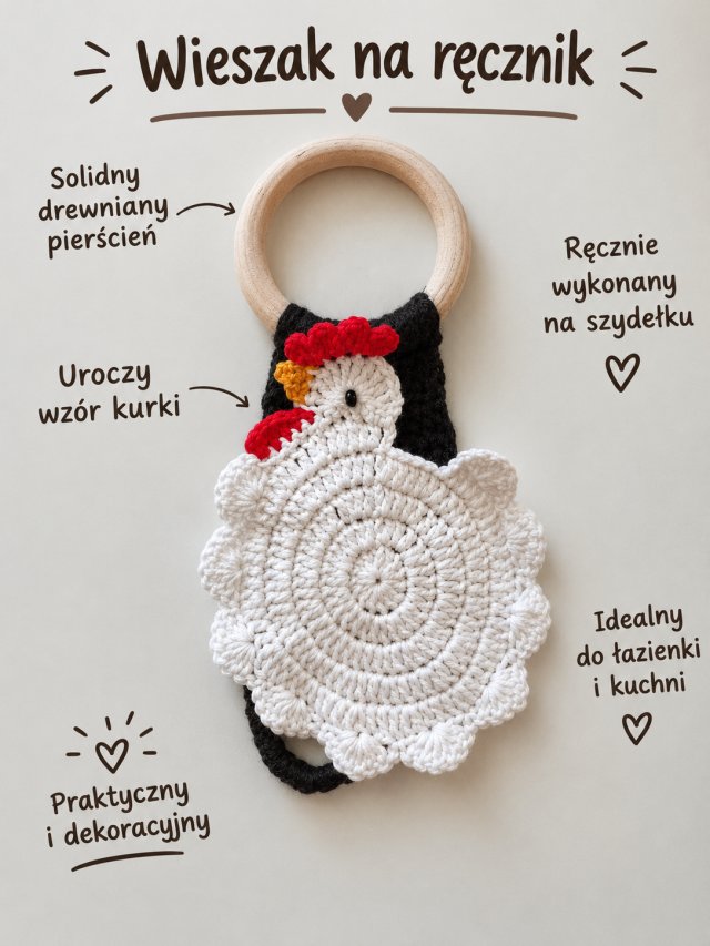 Wieszak na ręcznik na szydełku Kurka handmade drewniane kółko do kuchni