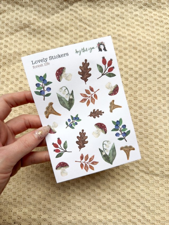 Naklejki leśne - arkusz 20 botanicznych naklejek do journalingu i scrapbookingu, kolaż papierowy A6