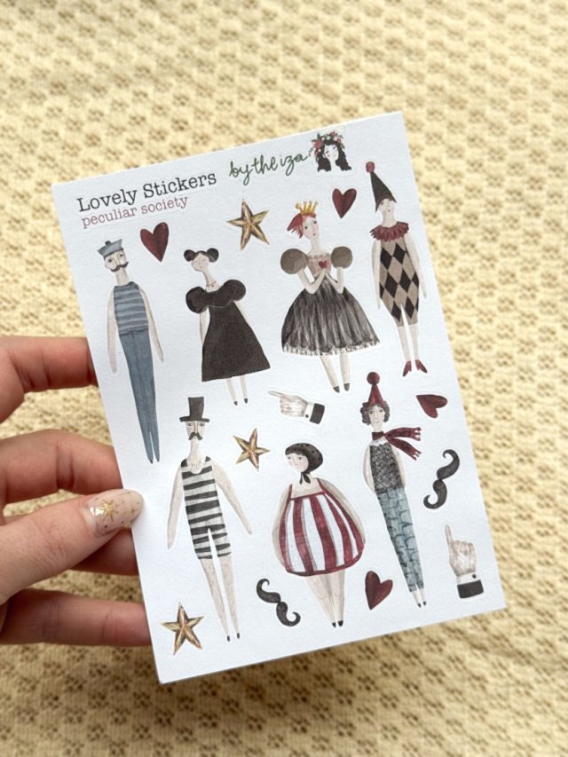Naklejki osobliwe postacie – arkusz 18 artystycznych naklejek do journalingu i scrapbookingu, kolaż papierowy A6