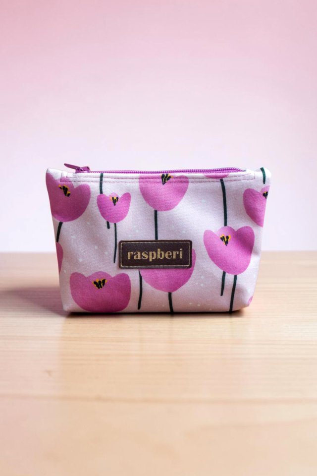 Etui na klucze z różowego weluru w tulipany – handmade