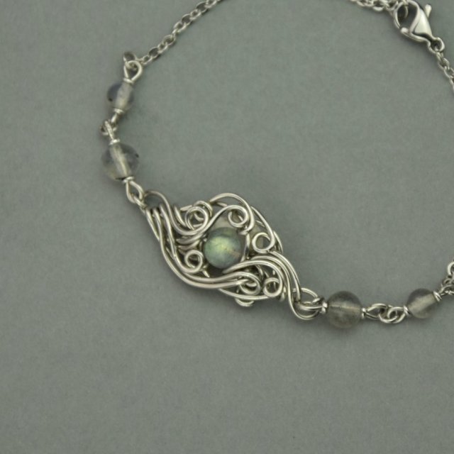 Bransoletka regulowana labradoryt zielony wire wrapping, stal chirurgiczna,