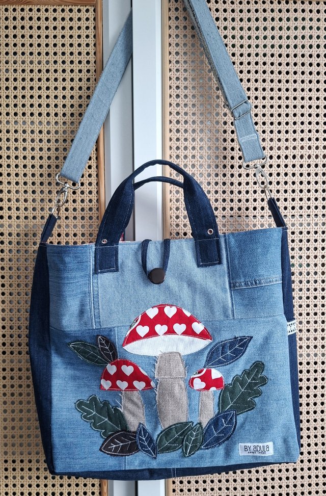 Torebka jeansowa z upcyclingu Torba Shopper w grzybki