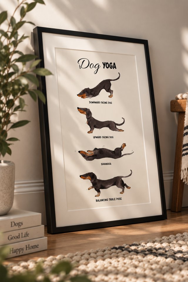 Dog Yoga – autorski plakat z jamnikiem A3