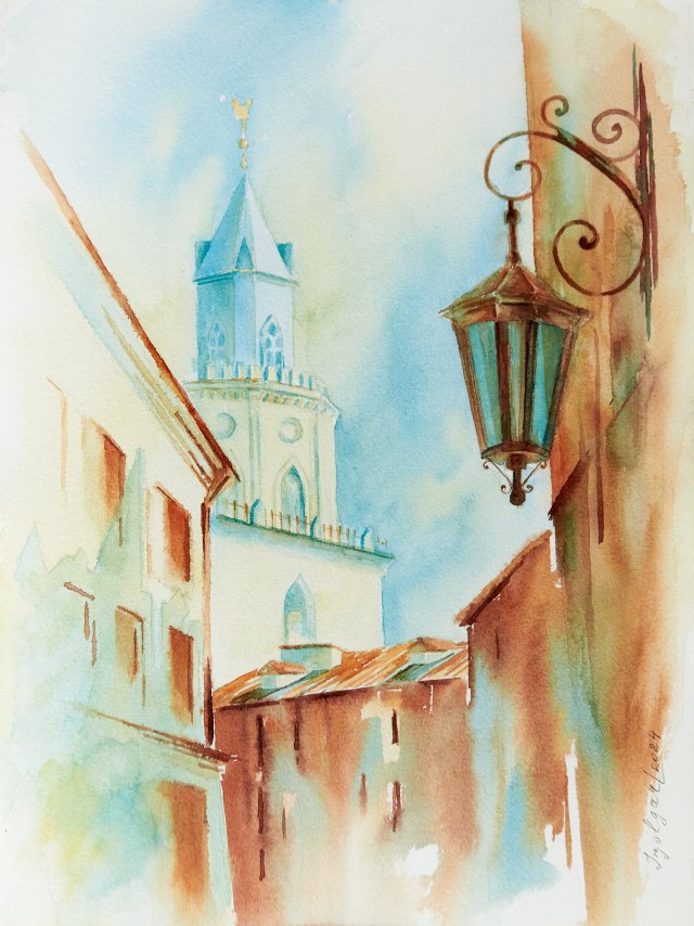 Lublin.Archikatedra św. Jana Chrzciciela i św. Jana Ewangelisty. Wieża Trynitarska - oryginalny obraz akwarelowy