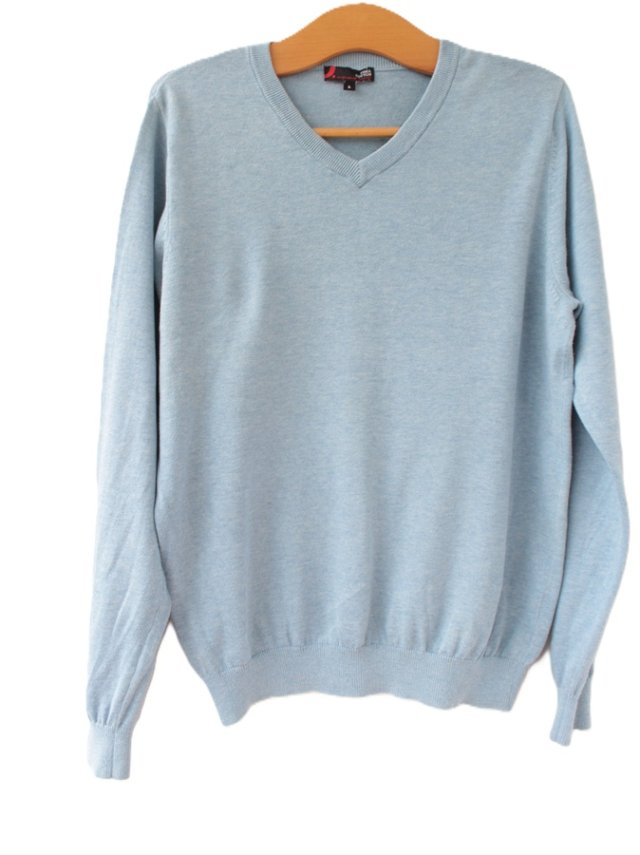 Błękitny sweter vintage dekolt w serek Pima bawełna