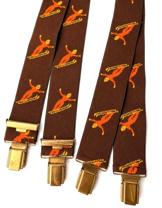 Szelki vintage brązowe narciarze metalowe klipsy Vintage Retro oryginalne