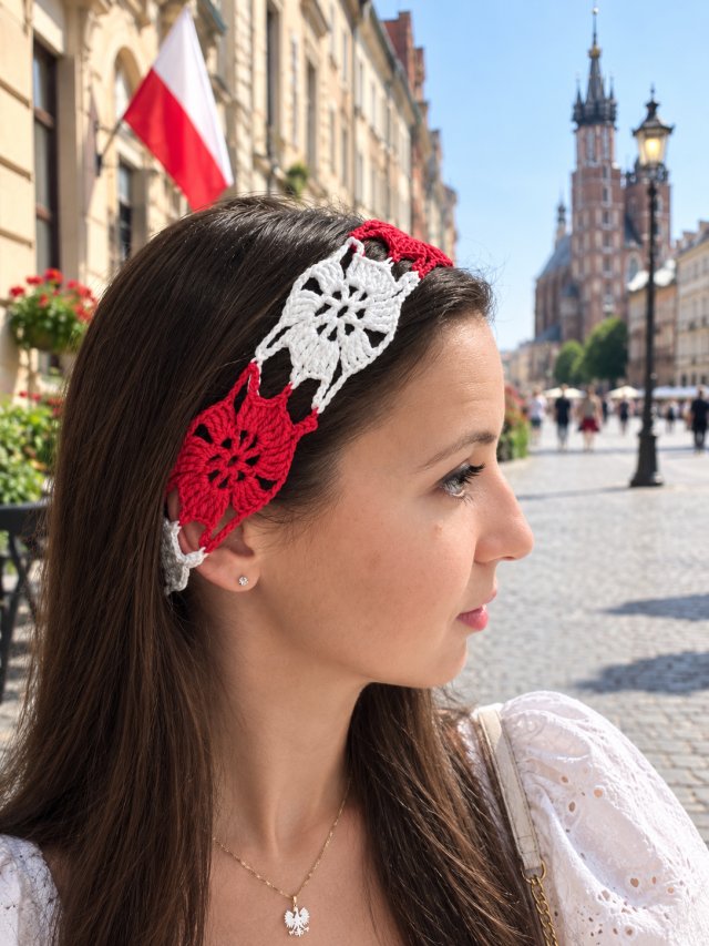 Biało-Czerwona Opaska Szydełkowa Polska  Patriotyczna 11 Listopada Handmade rozmiar L