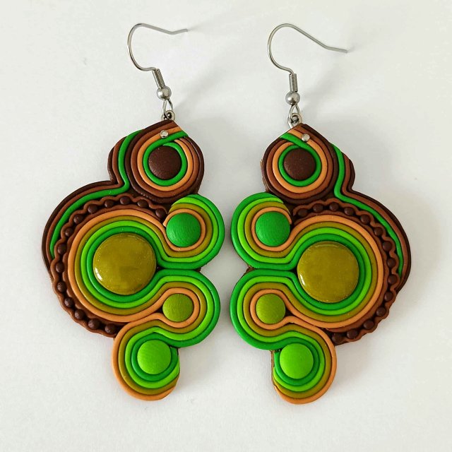 Zielone Brązowe Duże Kolczyki Boho Retro