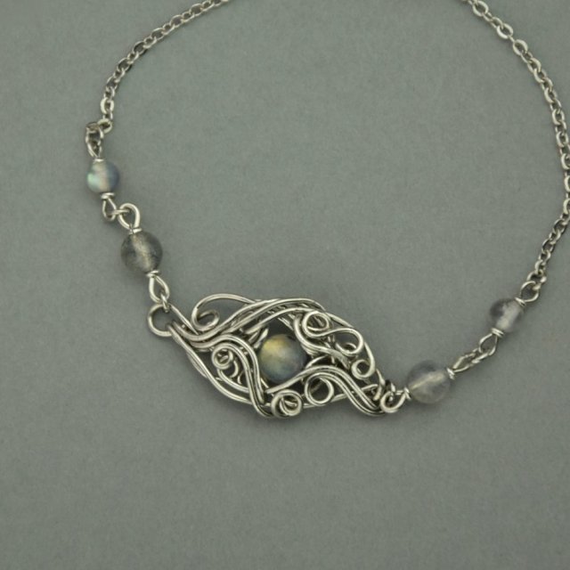 Bransoletka regulowana labradoryt złoty wire wrapping, stal chirurgiczna