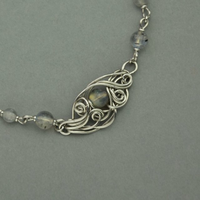 Bransoletka regulowana labradoryt złoty 2 wire wrapping, stal chirurgiczna
