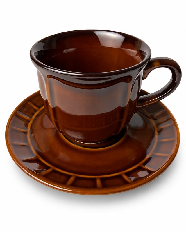 Filiżanka ze spodkiem Pruszków porcelit brązowa vintage PRL retro Polski Design (2/6)