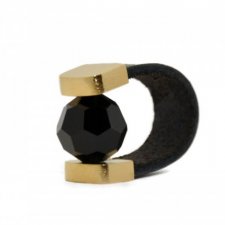 Black Crystal Leather Ring in Gold