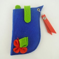 Etui na telefon- Niebieskie z Czerwonym Kwiatkiem - MAŁE