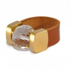 Brown Leather Disco Ball Ring in Gold