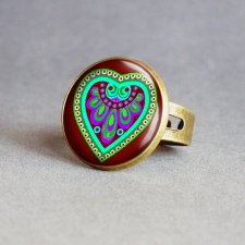 folk heart pierścionek z grafiką- serce folkowe w szkle
