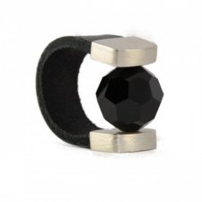 Black Crystal Leather Ring in Silver