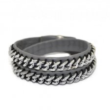 Bransoleta Silver Chain on Grey Leather Bracelet