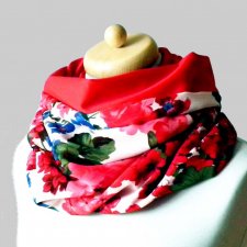 KWIATY I CZERWIEŃ szal komin szyfon i dżersej wygodna tuba na szyję