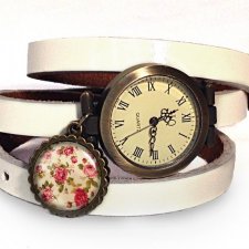 Retro róże - zegarek / bransoletka na skórzanym pasku - Egginegg