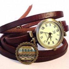 Azteckie wzorki - zegarek / bransoletka na skórzanym pasku - Egginegg