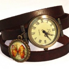 Motyl vintage - zegarek / bransoletka na skórzanym pasku - Egginegg