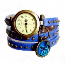 ZEGAREK BRANSOLETKA SKÓRZANA Z GRAFIKĄ W SZKLE Z ZAWIESZKĄ - SOWA NIEBIESKA