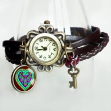 ZEGAREK BRANSOLETKA SKÓRZANA Z GRAFIKĄ W SZKLE Z ZAWIESZKĄ - SERCE FOLK