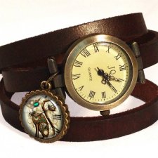 Steampunk'owy Kot 0582 - zegarek / bransoletka na skórzanym pasku - Egginegg