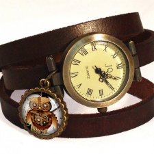 Steampunk'owa sowa 0581 - zegarek / bransoletka na skórzanym pasku - Egginegg