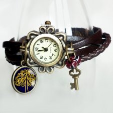 ZEGAREK- BRANSOLETKA SKÓRZANA Z GRAFIKĄ W SZKLE Z ZAWIESZKĄ - drzewo szczęścia